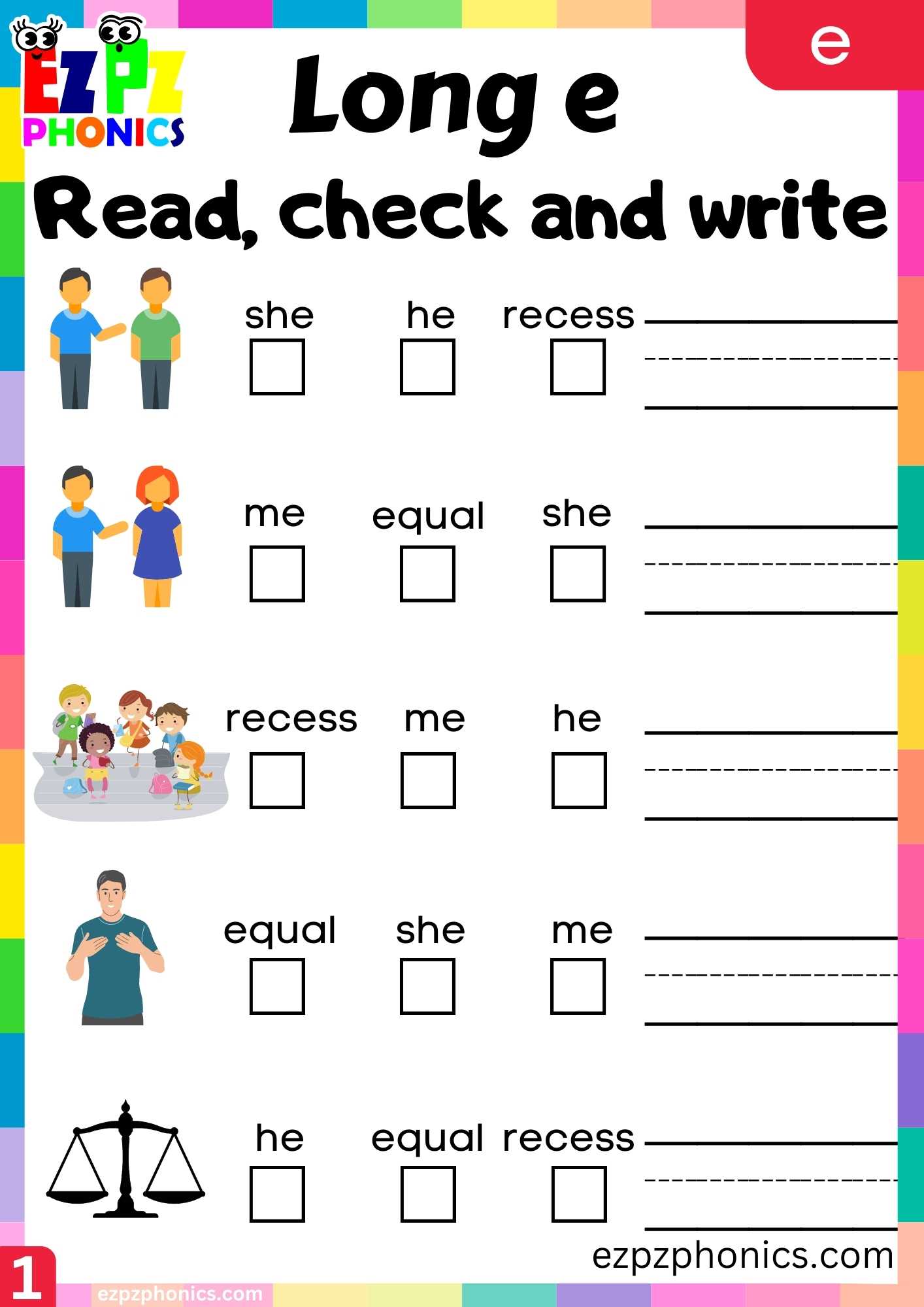 E Words Read, Check And Write Long E Phonics Worksheet
